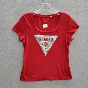 Guess Girl Top Large Red T-Shirt Logo Question Mark Sequins Short Sleeve‎